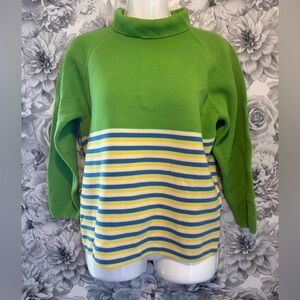 Puccini 100% Wool Green Half Zip Knit Sweater Striped Mock Neck Size 10 Vintage
